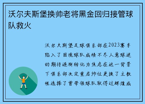 沃尔夫斯堡换帅老将黑金回归接管球队救火 沃尔夫斯堡换帅老将黑金回归接管球队救火